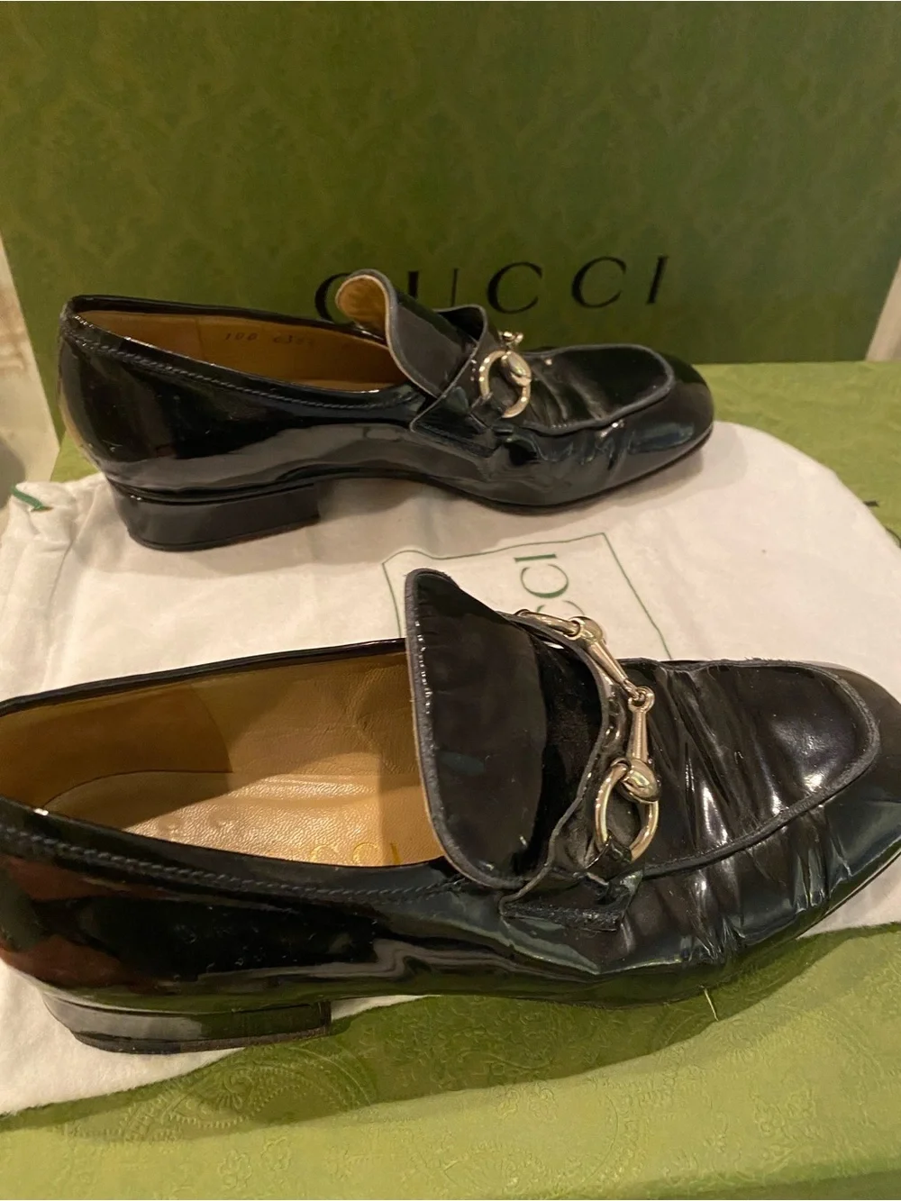 Gucci Black Patent Leather Horsebit Slip-On Loafers